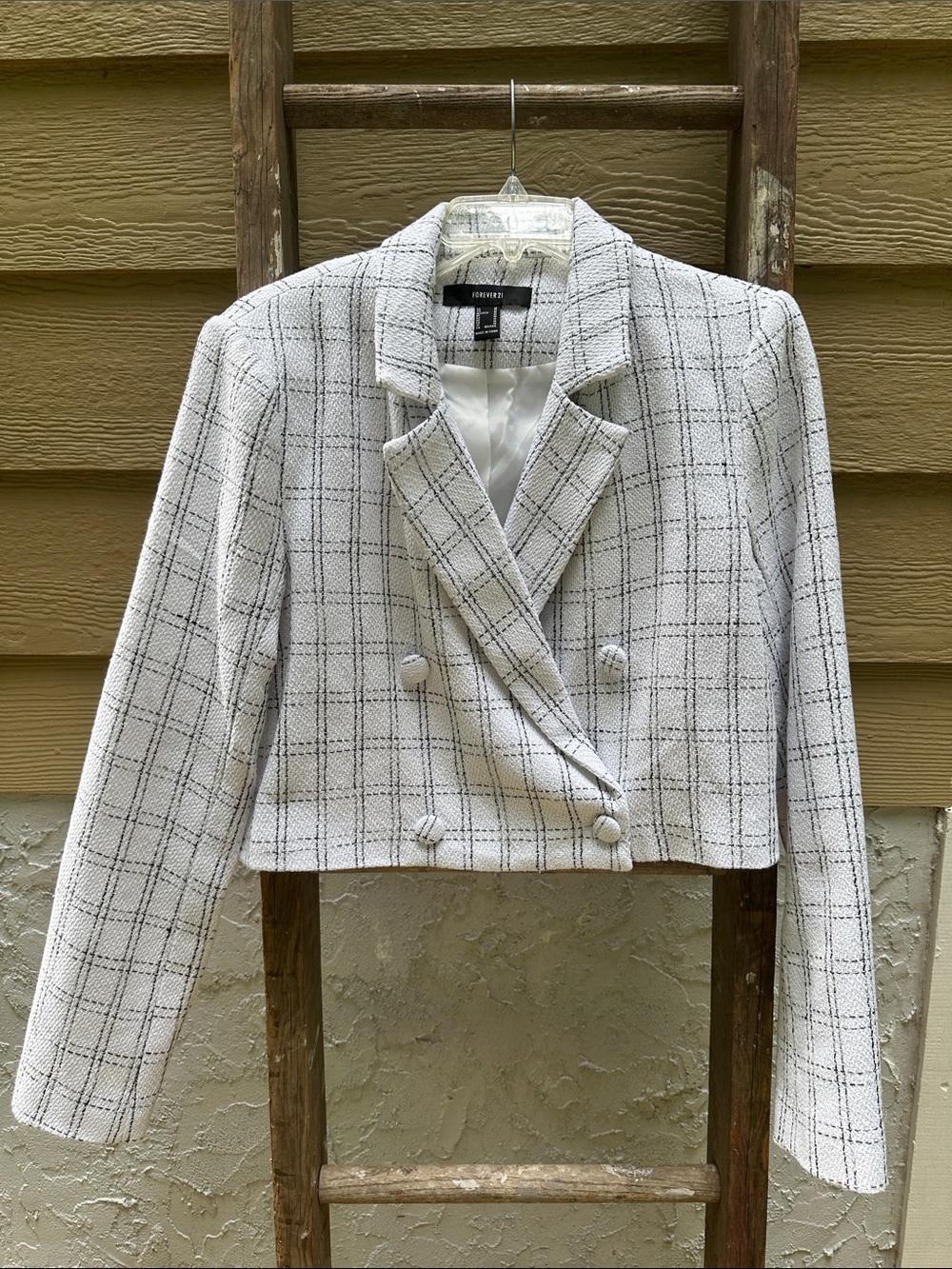 Forever 21 White Plaid Cropped Double-Breasted Tweed Blazer